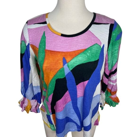 Chico’s Womens Tropical Block Print 3/4 Balloon Sleeve Top Size 1/Medium Travel - Picture 6 of 10